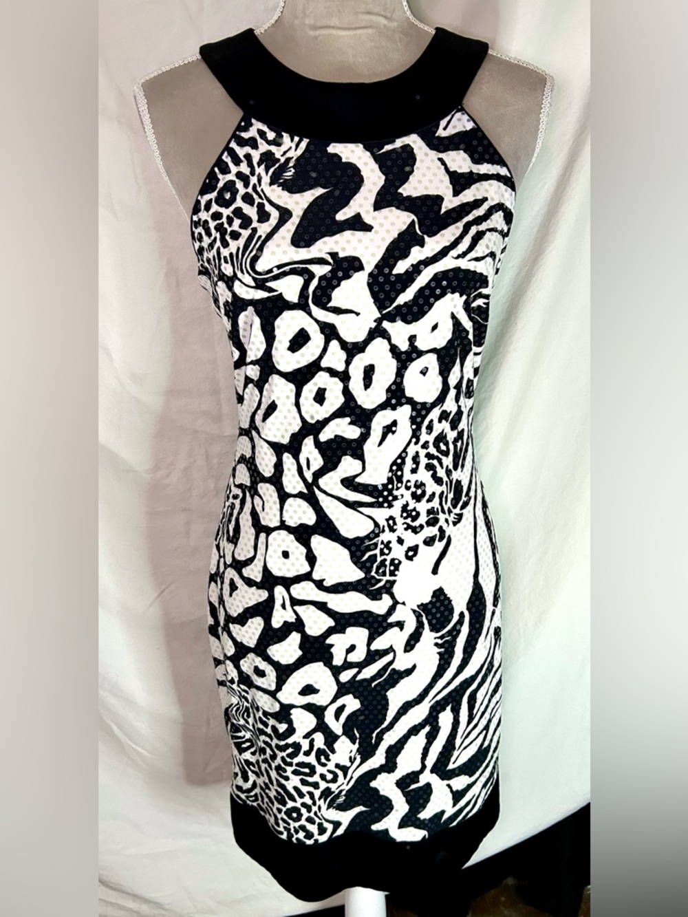 Vintage Y2K Cache Black, White Abstract Sequin Silk Blend Dress, Size 12